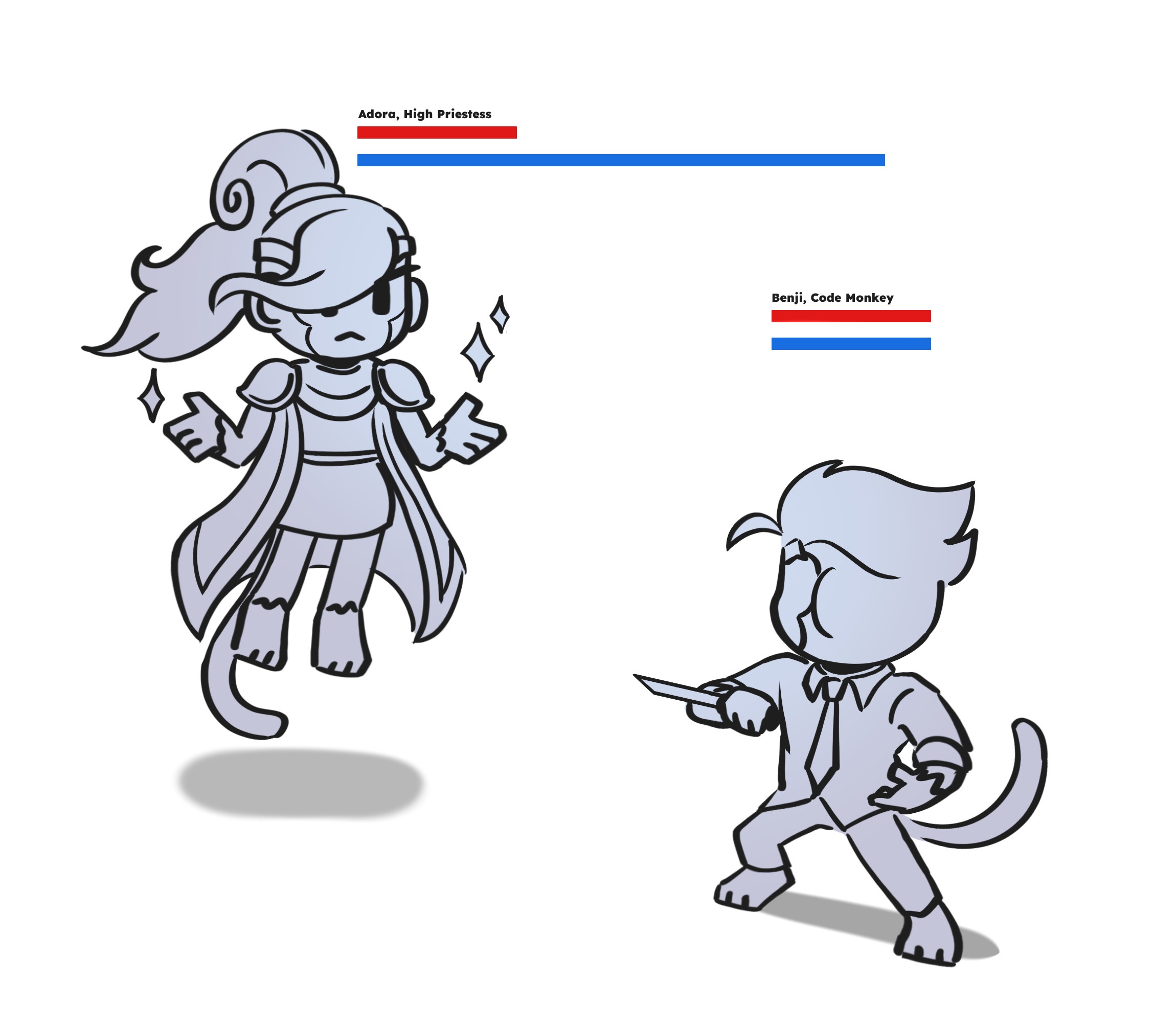 Adora and Benjamin in a video game encounter. Ben is squaring up and holding a knife towards Adora. Above him is his name and title 'Benji, Code Monkey' and his modest HP and MP bars. Adora is floating above the ground with her hands out, sparkles showing her power. Above her is her name and title, 'Adora, High Priestess' and her modest HP and very high MP bars.